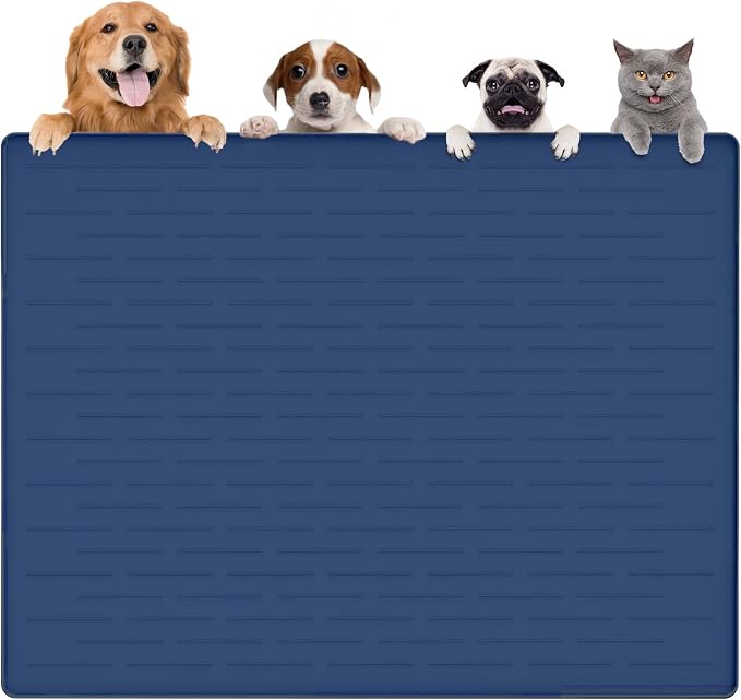 Largest Dog Food Mat, 48"x32" Silicone Dog and Cat Mat for Food and Water Bowls, Thinken Waterproof Non-Slip XXXL Pet Feeding Mat for Floors (Dark Blue)