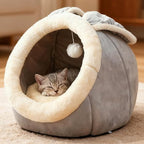 Cat Beds for Indoor Cats-Rabbit-Shaped Cat Cave Bed with Hanging Toy,Grey L | Super Soft Calming cat Tent house for Kitten&Puppy,Warm Plush&Machine Washable&Removable Cushioned Pad,Cute cat Hideaway