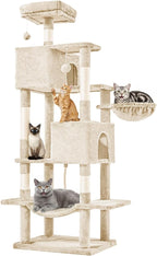 DUMOS Large 66 Inch Cat Tree Tower for Indoor, Beige | Tall Multi Level Cat Climbing Tower with Natural Sisal Scratching Posts, Hammock, Pet Condo for Cats and Kittens
