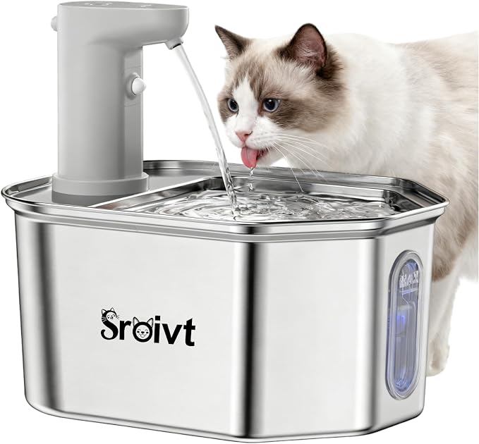 Cat Water Fountain Stainless Steel,Cordless,Rechargeable,2.6L,1 Filter | cat fountain,wireless,water fountain for cats,outdoor,indoor,battery operated,motion sensor,metal,auto,outside,automatic
