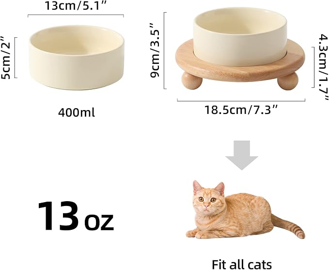 Havniva Raised Cat Bowl 5.1” Elevated Ceramic Cat Food and Water Bowl | Cat Bowls Elevated, Whisker Friendly Cat Bowl, Non-Slip Wood Stand, Food-Grade Ceramic, Wide Opening, Dishwasher Safe