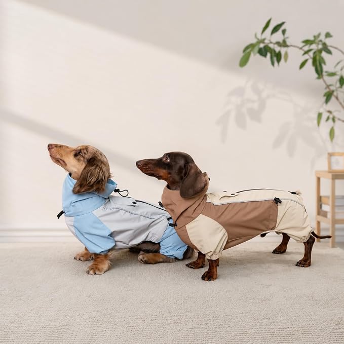 Dachshund Dog Raincoat with Legs, Waterproof Full Body Jacket, Hooded Outdoor Windbreaker for Small & Medium Dogs, Mini Dachshund Puppy Coat (Brown,M(13-17 lbs))