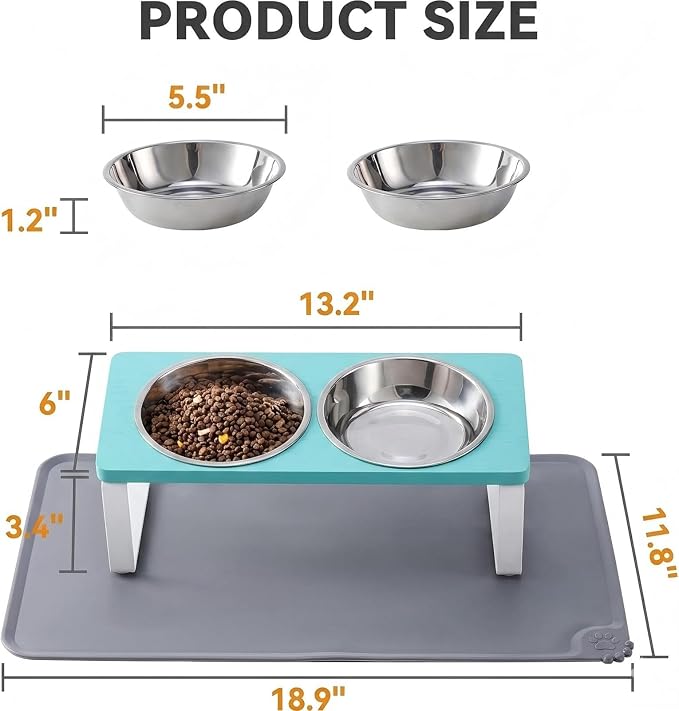 Summark Upgraded Elevated Cat Bowls with Food Mat,15°Tilted Stand Anti Vomiting Raised Cat Dishes for Food and Water,2 Stainless Steel Bowls for Cats and Puppy（Teal）