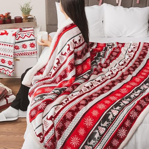 PAVILIA Christmas Sherpa Throw Blanket, Red & White Snowflake, Reindeer, Reversible Fleece & Sherpa Cozy Winter Blanket for Couch & Bed, 50x60, Christmas & Holiday Decor - Image 5