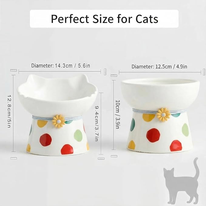 Elevated Ceramic Cat Bowls, 15°Raised Cat Food Bowl,Whisker Friendly Anti Vomiting Cats Dishes,Anti Vomiting&Protect Pet's Spine,Feeder Dish for Indoor Kitty and Small Dogs (Polka dot Tall cat Bowl)