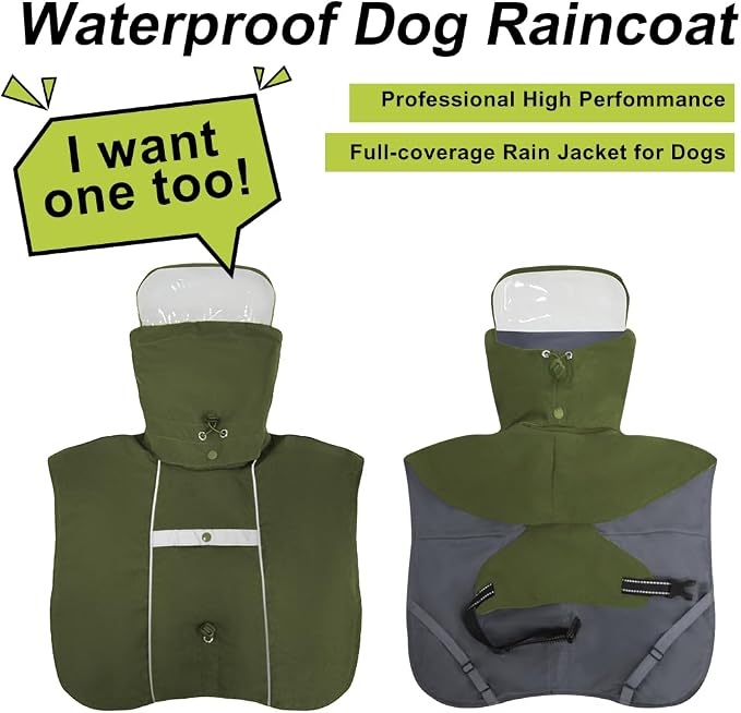 Pet Dog Raincoat Jacket Large Dog Rain Poncho with Transparent Hood, Double-Layer Structure, Adjustable, Waterproof, and Reflective, Suitable for Medium to Large (Army Green, L)