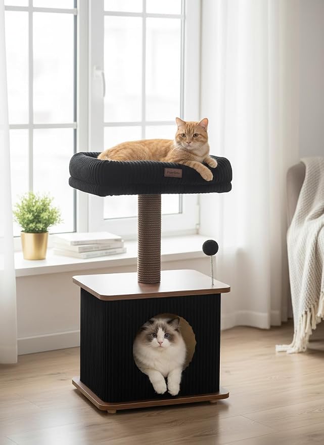 Nordic Loft Cat Tree, Compact 30" Walnut Wood Tower for Kittens | Walnut Wood Finish, Soft Padded Perch, Sisal Scratching Post, Cozy Hideaway Condo, Floor-Mounted Stable Base, Indoor Use