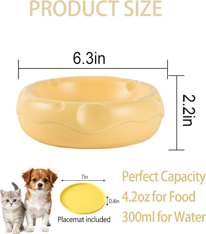 6.3 Inch Ceramic Cat Bowls with Food Mat, 3D Cheese Shapes | Extra Wide Food & Water Bowls 300 ml, High Capacity for Small Dogs & Cats, Dishwasher and Microwave Safe
