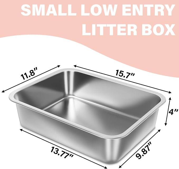 Stainless Steel Litter Box for Kitten, 15.7"×11.8"×4" Small Litter Box for Kittens Easy Entry, Non Odor, Easy to Clean, Metal Litterbox for Cat, Rabbit, Guinea Pigs and Hamsters | 15.7"×11.8"×4", Easy Entry, Non Odor, Easy to Clean, Litter Box for Cat,...
