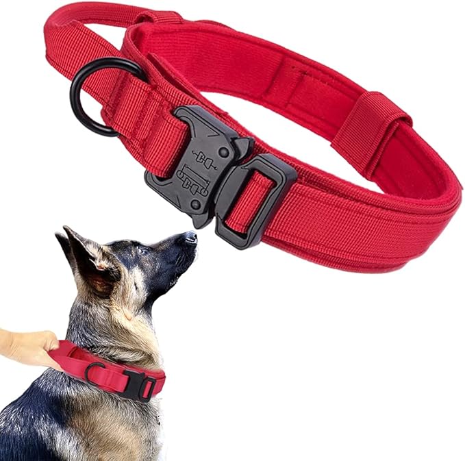 Tactical Dog Collar for Large Dogs with Control Handle,Red,XL | 1000D Heavy-Duty Nylon Fabric,Quick-Release Metal Buckle,Adjustable Fit,Soft-Padded Webbing,D-Ring,for Training & Hiking