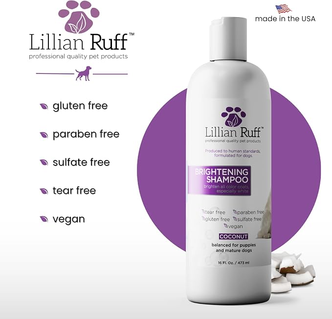 Lillian Ruff PRO Formula Ultra Brightening Dog Shampoo - Professional Whitening & Long-Lasting Odor Eliminator, Remove Stains & Discoloration, Dry Skin & Itch Relief - Aloe & Provitamin B5 16oz+Brush
