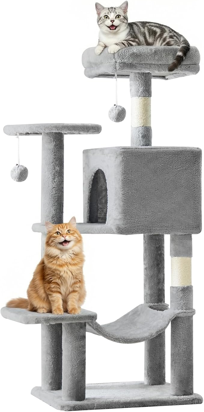 DUMOS Small 44 Inch Cat Tree Tower for Indoor, Light Grey | Cat Climbing Tower with Natural Sisal Scratching Posts, Hammock, Pet Condo for Cats and Kittens Play
