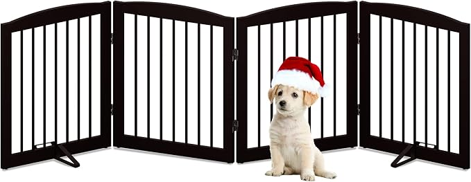 PUPETPO Freestanding Pet Gate for Dogs, Foldable Wooden Dog Gate for House, Indoor Dog Gate for Stair, Doorway, Gates for Dogs Indoor, 80 Inch Wide, 4 Panels 24",Brown