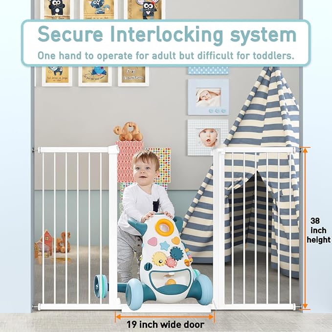 Fairy Baby 38" Extra Tall Baby Pet Gate for Stairs,70.9"-76.3" Extra Wide Long Dog Gate for the House, Metal Auto Close Pressure Mounted Safety Child Gate, Tension Baby Gate Barrier No Climb, White