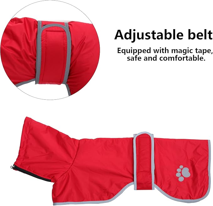 Geyecete Dog Winter Coat Greyhound Raincoat Fabric with Lamb Velvet Inside Outdoor Dog Apparel with Adjustable Bands for Medium, Large Dog-Red-M