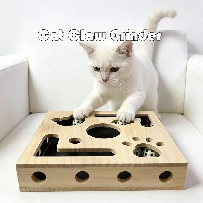 Cat Nail File Scratcher,Large Solid Wood Cat Toy Box with Sandpaper Inside, Interactive Indoor Cat Toy, Cat Claw Saver Box, 3 Bells & 2 Cat Wand& 1Cat Nail Clippers