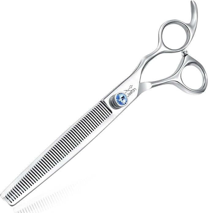 JASON Dogs Grooming Thinning Scissors - 7.5" 56-Tooth Blending Cats Shears | Pets Blender Thinner Trimming Texturizing Kit with Offset Handle, Blue Jewelled Screw
