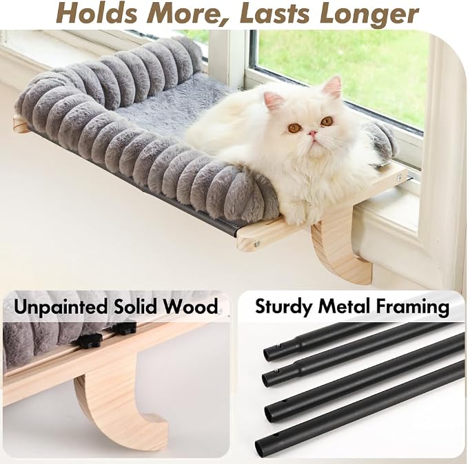 Cloud-Soft Cat Window Sill Perch with Zipper Designed Cushioned Bed, Supportive Cat Window Seat with Premium Solid Wood & Sturdy Metal Frame, Pet Hammock Bed for Large Cats (Large, Gray)