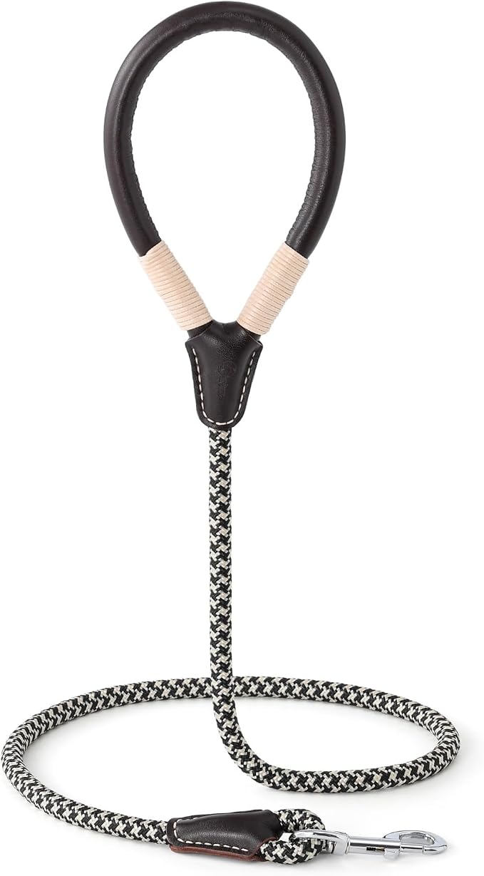 Mile High Life Dog Leash with Genuine Leather Handle, 4/5/6 FT | Comfortable Leather Grip Rope Leash, Heavy Duty 360° Swivel Metal Clasp, for Small Medium & Large Dogs (Khaki Black, 48 Inch)