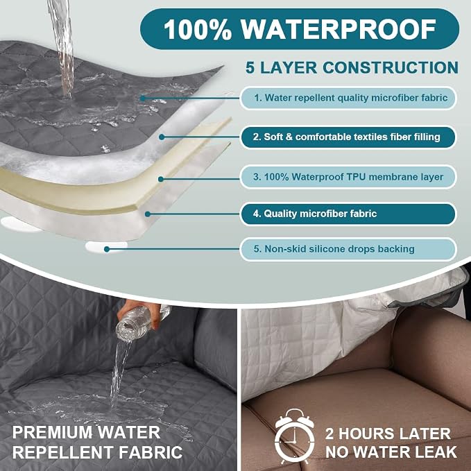 Turquoize 100% Waterproof Sofa Covers Couch Cover Sofa Cover for Dogs Couch Protector Triple Non-Slip Sofa Slipcover for 3 Cushion Couch Furniture Protector for Pets, Kids,Dog (XL Sofa 78", Gray)