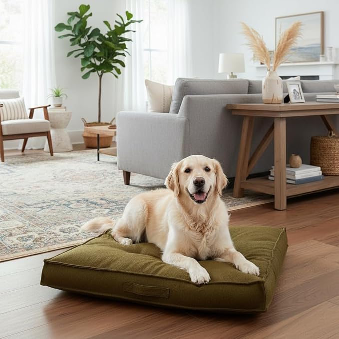 Indoor Dog Bed with Removable Washable Cover, Soft Basketweave Fabric, Reversible Cushion, Carry Handle, Baffle Construction to Help Prevent Fill Shifting, Moss - Medium (32"x32")