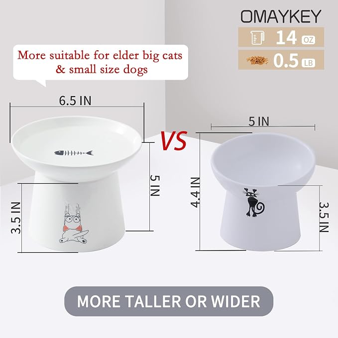 6.5 Inch Ceramic Raised Cat Bowls, Extra Wide Elevated Cat Food Water Bowl | Prevent Neck, Whisker Fatigue, Anti Vomit, for Elder Big Cats & Small Dogs, Dishwasher and Microwave Safe, White