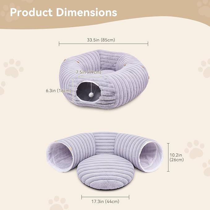 Cat Tunnel Bed Cave - Soft Washable Cushion for Indoor Cats, Peekaboo Hideaway Cave for Indoor Cats, Kittens, Puppies, Rabbits, Luxurious Striped Hare-Feel Fabric, Tunnels for Indoor Cats Large(Grey)