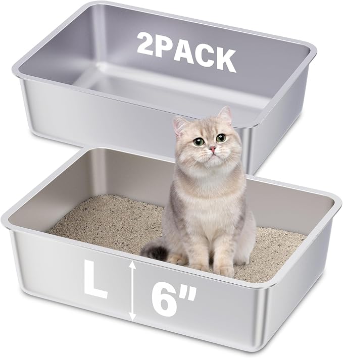 Stainless Steel Litter Box, Large Metal Litter Box 2 Pack | 19.7"x13.7"x6" Cat Litter Box Easy to Clean, Non Stick Litterbox No Smell for Adult Cats