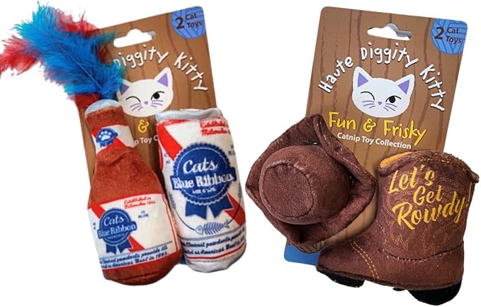 Haute Diggity Kitty Cats Blue Ribbon + Kitty Cowboy Set Soft Plush Cat Toys | 4 Pack Catnip Toys with Interactive Crackle & Feathers, Safe & Durable Cat Nip Kicker Toy for Outdoor & Indoor Cats & Kitten