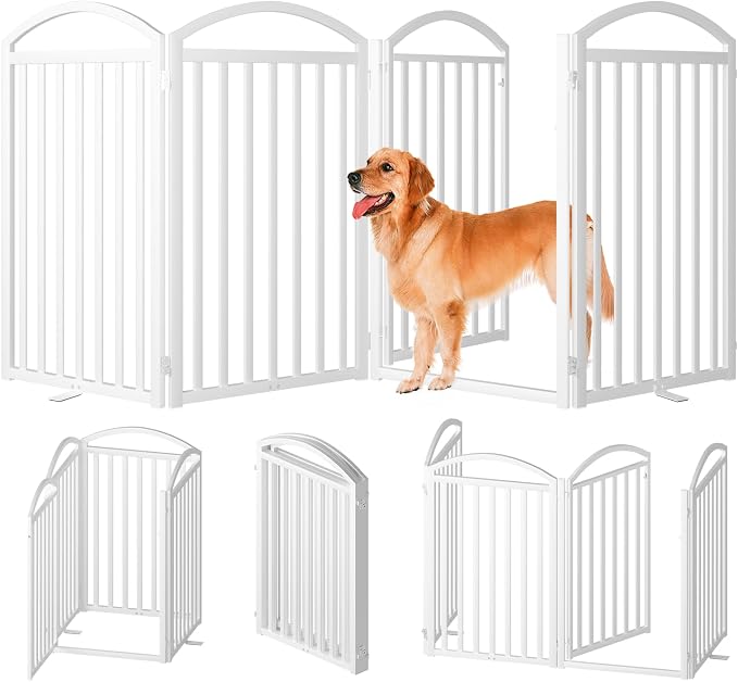 SNUOWU 4 Panels Full Matel Freestanding Dog Gates with Door, 96"Extra Wide 36"Tall Free Standing Dog Pet Gate for Indoor & Outdoor. Foldable Pet Fences for Doorways, House, Stairs, Porch, Deck, Yard
