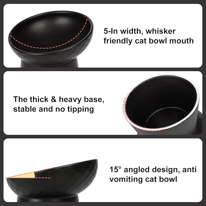 YauYik Ceramic Elevated Cat Bowls - 15°Tilted Cat Food Bowls for Indoor Cats, Whisker Fatigue Relief Shallow Cat Bowl, Anti Vomiting Raised Cat Feeding Bowls,8 Ounces, Black, 2 Pack
