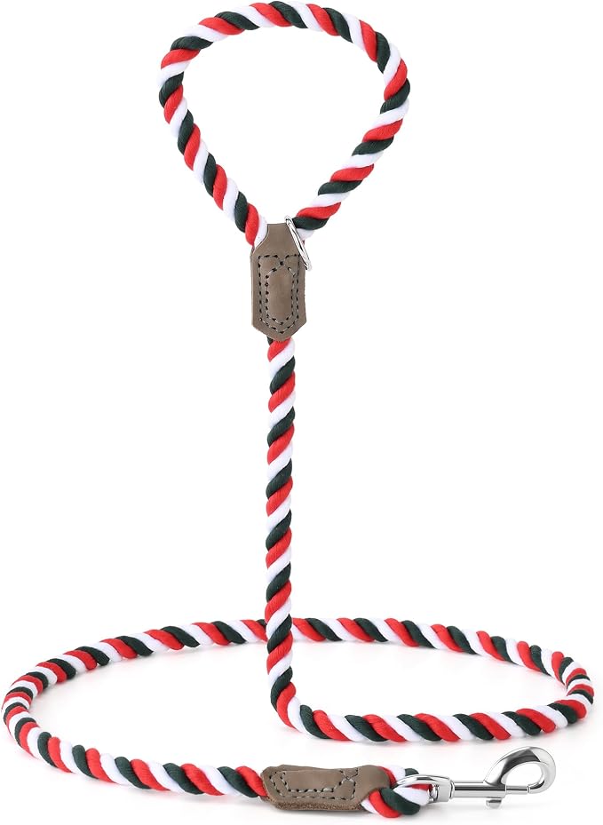 Mile High Life Rainbow Dog Leash Braided Cotton Rope w Leather-Wrapped Ends | Rust-proof 360° swivel clasp, Heavy-duty for medium/large breeds. Great for weddings, daily walks (5FT, 1/2", Red/Green)