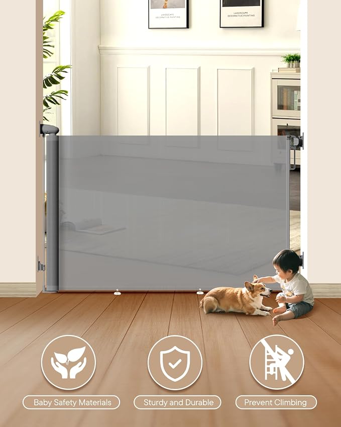 Retractable Baby Gate for Stairs – 34" Height, Expands up to 71" Width, Safety Gate for Infants, Toddlers, Dogs & Pets, Easy Install, Gray Puppy Gate for Indoor & Outdoor Use, Gray | Extra Long Mesh Baby & Pet Gate with Anti-Crawling Hook, Safety Lock,...