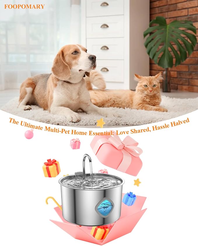 Cat Water Fountain Stainless Steel, 3.2L/108oz Automatic Pet Drinking Dispenser with Faucet & Flower Mode, Electric Metal Water Bowl for Indoor Cats S/M Dogs Pets, Quiet Waterer w/ 8 Filters & Sponges