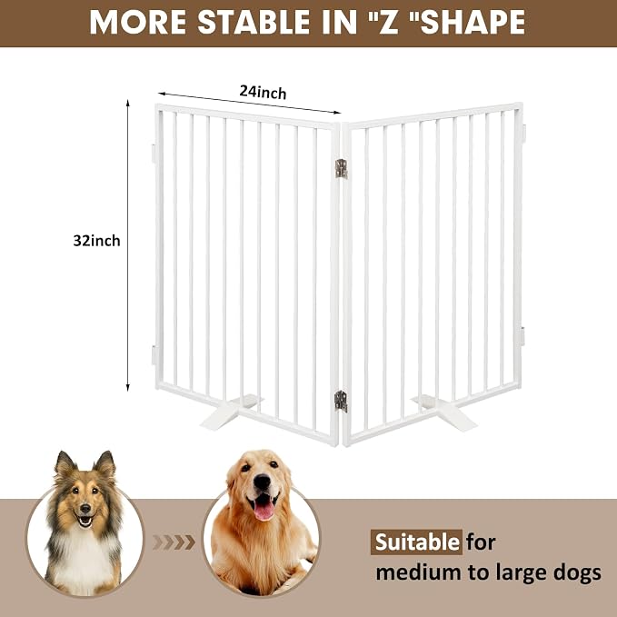 Full Metal Freestanding Dog Gates 2 Panels 32" Tall Up to 48" Wide | White Dog Gate for Indoor & Outdoor, Extra Wide Free Standing Dog Barrier No Drilling Pet Gates for Doorways, Stairs, Deck