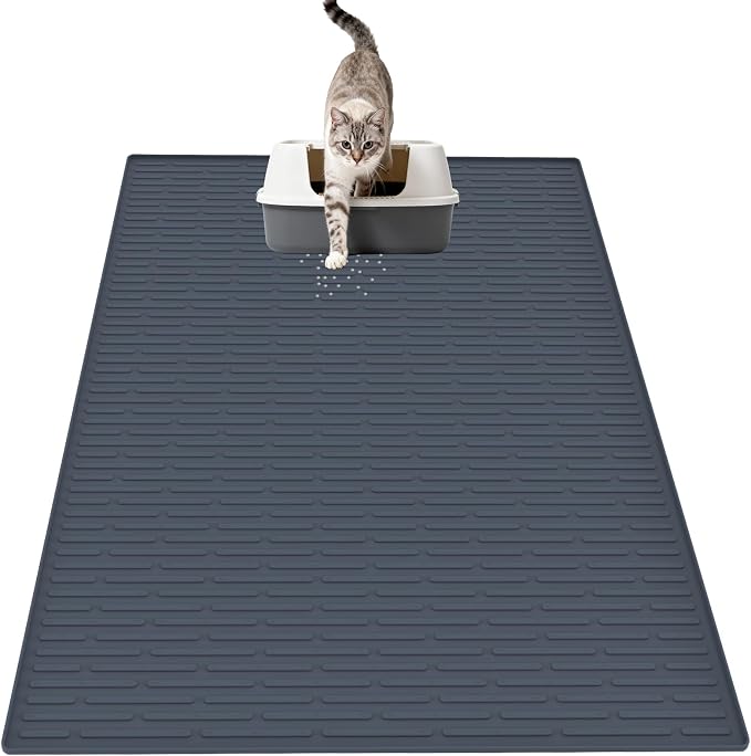 XXL Silicone Cat Litter Mat, 40"x30"(100cmx75cm) Extra Litter Box Mat for Floors, Non-Slip Litter Trapping Mat to Prevent Tracking, Easy to Clean Kitty Litter Catcher Mat, Durable, Gray Blue