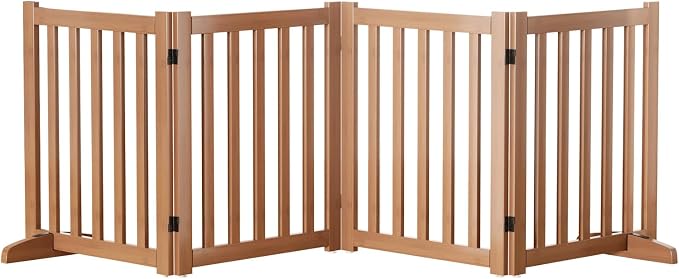 Wooden Freestanding Foldable Dog Gate, 24 Inch Height 4 Panel Pet Gate No Drill for Doorways Stairs, Fully Assembled Indoor Puppy Fence (Brown, 80" W x 24" H)