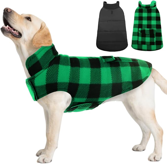 ASENKU Dog Winter Coat, Fleece Doggie Jacket Plaid Reversible Vest Waterproof Windproof Cold Weather Clothes for Small Medium Large Dogs (XXL, Green) | Windproof Plaid Fleece Lining for Cold Weather, Water-resistant Outer Shell, Puppy Puffer Vest with ...