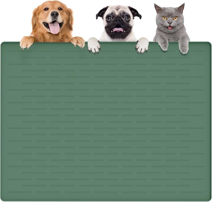 Largest Dog Food Mat, 39.5"x29.5" Silicone Dog and Cat Mat for Food and Water Bowls, Thinken Waterproof Non-Slip XXXL Pet Feeding Mat for Floors (Deep Green)