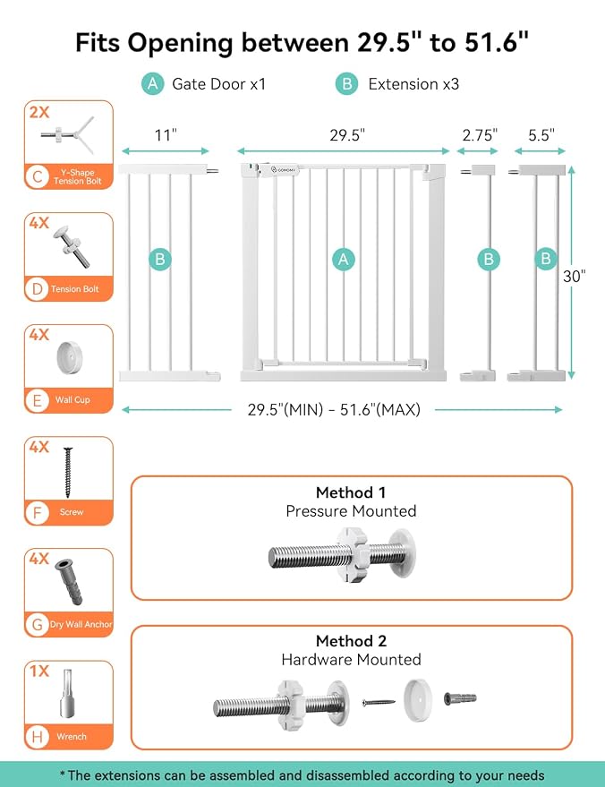 COMOMY 30" Tall Baby Gate for Stairs Doorways, Fits Openings 29.5" to 51.6" Wide, Auto Close Extra Wide Dog Gate for House, Pressure Mounted Easy Walk Through Pet Gate with Door, White | Auto Close Extra Wide Dog Gate for House, Pressure Mounted Easy W...