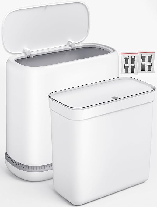 Small Bathroom Trash Can with Lid, Dog Proof Slim Press Top Garbage Can, White Plastic Narrow Waste Basket, for Bathroom Bedroom Office 2 Pack Set with 4.8 Gal and 3.3 Gal