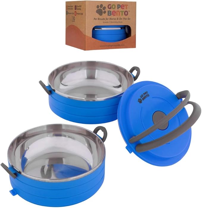 Healthy Human Travel Pet Bento Bowls - Human-Grade Stainless Steel & BPA-Free, Leak-Proof Water & Food Container Set for Dogs & Cats, 2-Pack Interlocking Bowls, Includes Spare Clips & Handle (Blue)