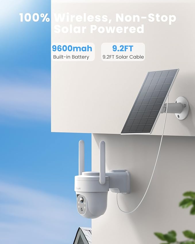 3K/5MP Solar Security Cameras Wireless Outdoor, 360°PTZ Camera | Color Night Vision, PIR+AI Motion Detection, Spotlights Alarm, IP66 Waterproof, 2 Way Audio, Wifi6, Work with Alexa/Google