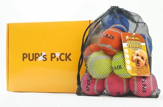 Pup's Pick Squeaky Tennis Balls - 2.5" Fun Dog Balls for Fetch, 12-Pack in Bright Colors (Yellow, Blue, Pink, Orange), Includes 1 Reusable Carry Bag