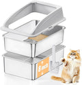 23.6"x15.7"x13.78" Stainless Steel Sifting Litter Box, XXL Sifting Cat Litter Box for Pine Pellets with 8" Deep Pan, High Sides Metal Litter Box for Big Cats, Easy-to-Clean
