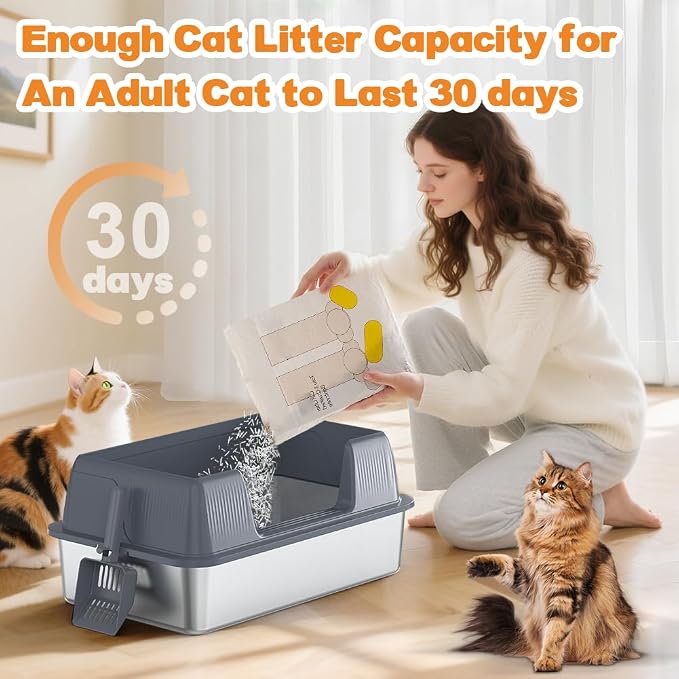 Vivifying Stainless Steel Cat Litter Box, XL Extra Large Semi-Enclosed Metal Pan with Side Entry, Scoop Included, Open Top Potty for Indoor Big Cats & Kitty, Easy to Clean & Odor Resistant (Gray)