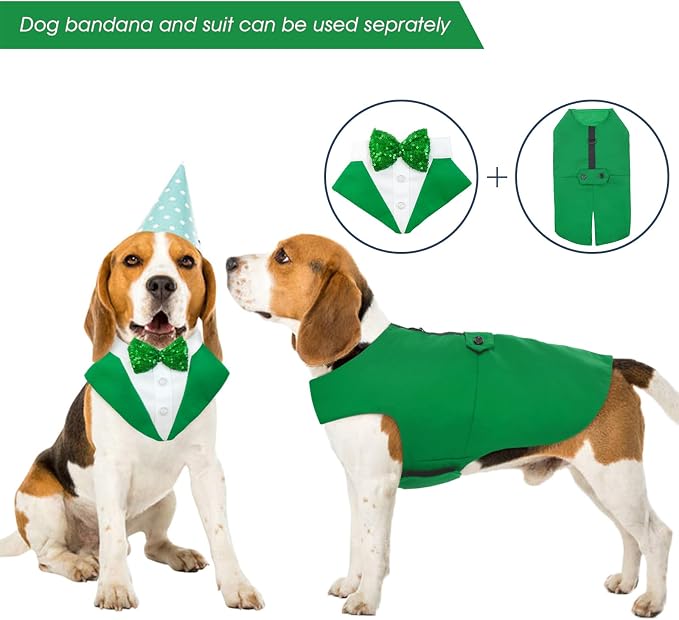 Kuoser Dog Tuxedo, Dog Suit and Bandana Set, Dogs Costume with D-Ring | Formal Dog Outfit with Detachable Bowtie Collar for Wedding, Birthday, Party, Christmas, Halloween, Green M