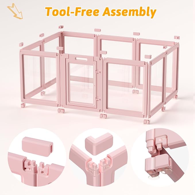 Acrylic Dog Playpen Indoor, Pink Dog Pen, Puppy Playpen, 10 Panels | 23.6" H, Skin Pink, Purple & Sky Blue, Clear View, No-Gap Escape-Proof, Tool-Free Setup, For Puppies & Small Dogs