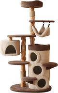 Modern Cat Tree for Indoor Large Cats & Multi-Cat Households, 68'' Solid Wood Cat Tower with 3 Condos, Heavy Duty Cat Tower with Scratching Post, Multi-Level Cat House, Perch, Hammock, Hideaway, Brown