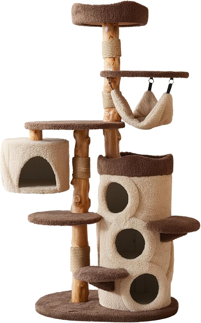 Modern Cat Tree for Indoor Large Cats & Multi-Cat Households, 68'' Solid Wood Cat Tower with 3 Condos, Heavy Duty Cat Tower with Scratching Post, Multi-Level Cat House, Perch, Hammock, Hideaway, Brown